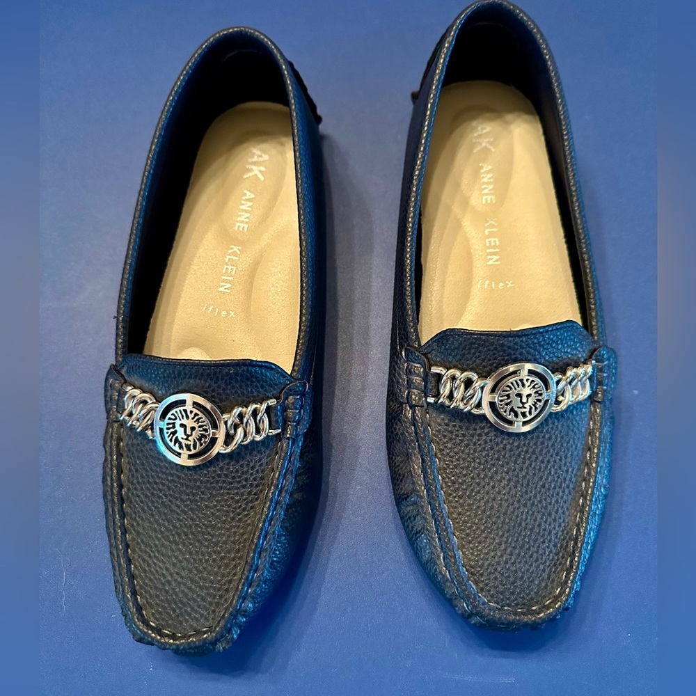 Anne Klein Blue Slip-On Loafers with Silver Chain Detail
